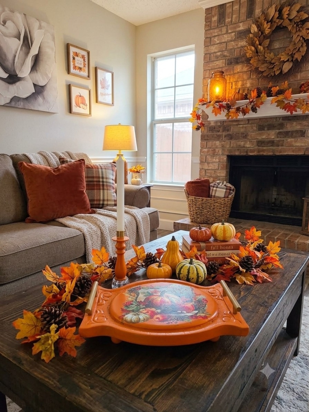 Orange Oval Wood Serving Tray w/ Handles Painted Pumpkin Print 15in Thanksgiving